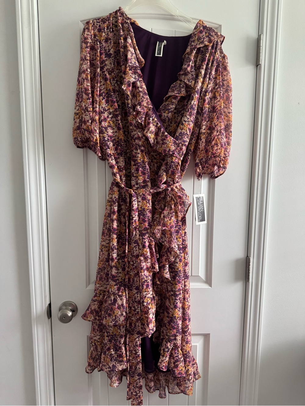 Julian Taylor Purple Floral Wrap Midi Dress with Ruffle Trim - Picture 2 of 7